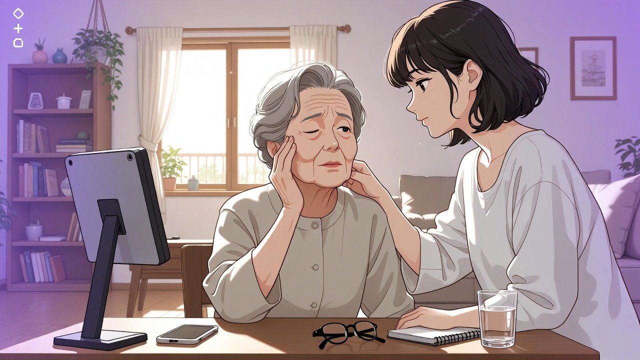 안면마비 전조증상을 확인하기 위해 거울을 보며 한쪽 눈을 감아 보는 어머니와 곁에서 살피는 딸