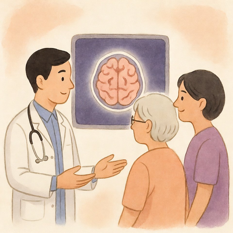 치매 조기 발견 검사 결과인 뇌 영상을 의사, 환자, 보호자가 함께 살펴보는 모습